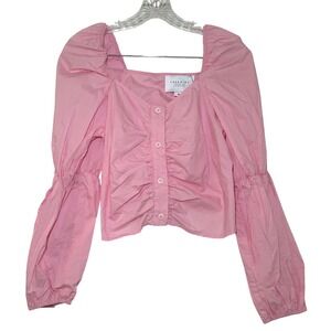 NWT The Shirt Rochelle Behrens Pink Cotton Ruched Puff Sleeve Blouse Medium